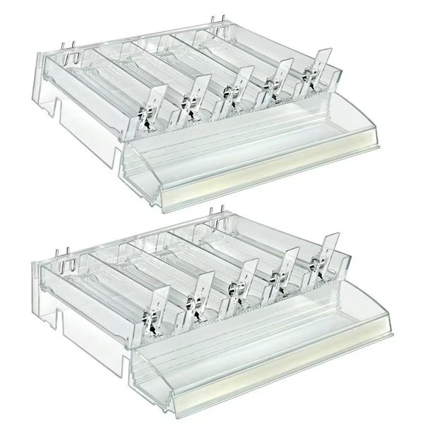 Adjustable Short Divider Bin Cosmetic Tray with Tester on Front and Spring Pushers, Clear, 2-Pack, Azar Displays, Mfr#: 225840-TESTER-SHORT-2PK